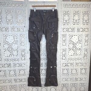 Guapi Brown Faux Leather Stacked Cargo Pants Size 34 Biker Zipper Street Wear